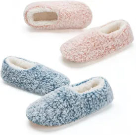 2-Pair Thick Warm Fuzzy Slippers for Women Indoor Fluffy Sherpa Lined, Winter House Shoe Socks Non-Slip Soft Soles, Cozy Christmas Gifts