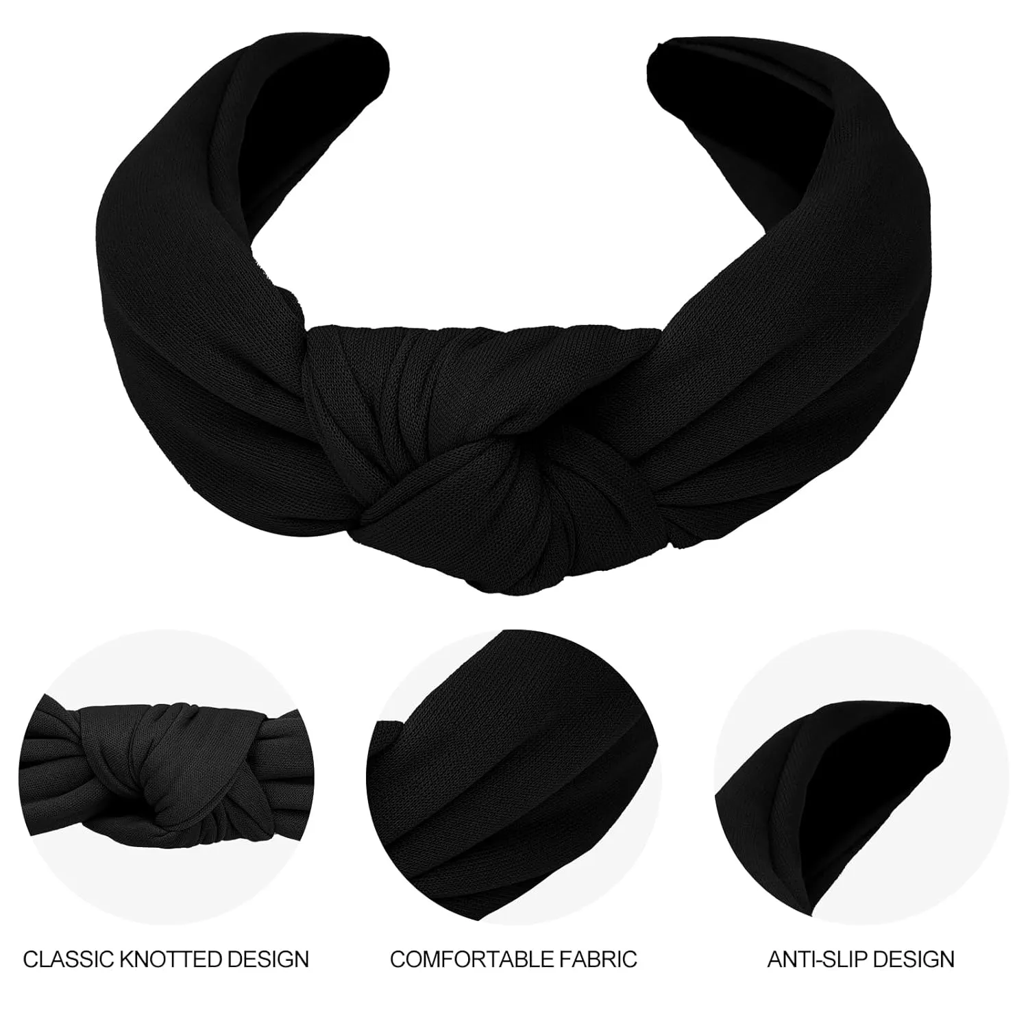 CURASA Headbands for Women Girls Non Slip Knotted Headband Wide Preppy Fashion Hairband Black Top Knot Decorative Hair Accessories Fabric Comfortable Hair Bands Yoga Elastic Head Bands For Thick Thin