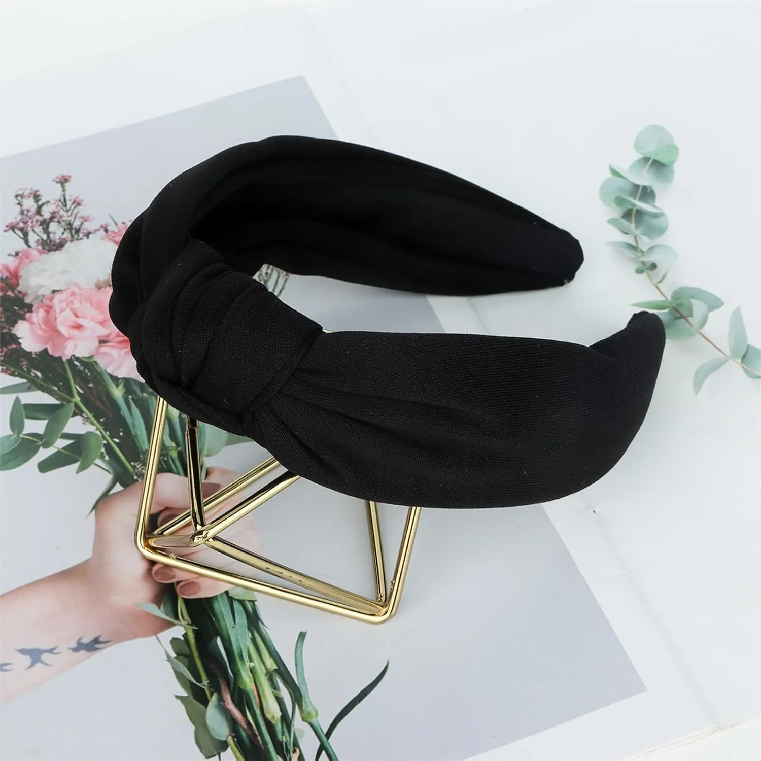 CURASA Headbands for Women Girls Non Slip Knotted Headband Wide Preppy Fashion Hairband Black Top Knot Decorative Hair Accessories Fabric Comfortable Hair Bands Yoga Elastic Head Bands For Thick Thin