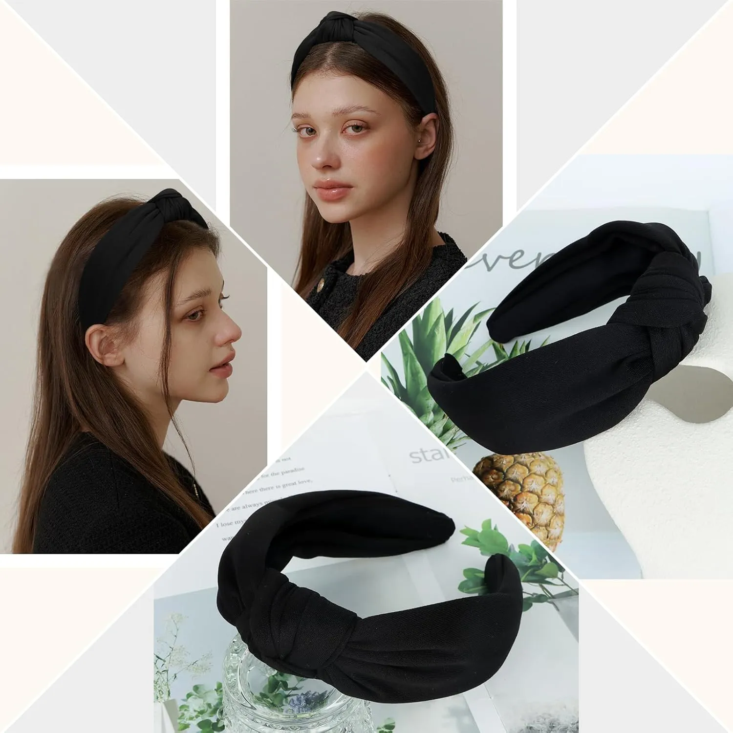 CURASA Headbands for Women Girls Non Slip Knotted Headband Wide Preppy Fashion Hairband Black Top Knot Decorative Hair Accessories Fabric Comfortable Hair Bands Yoga Elastic Head Bands For Thick Thin