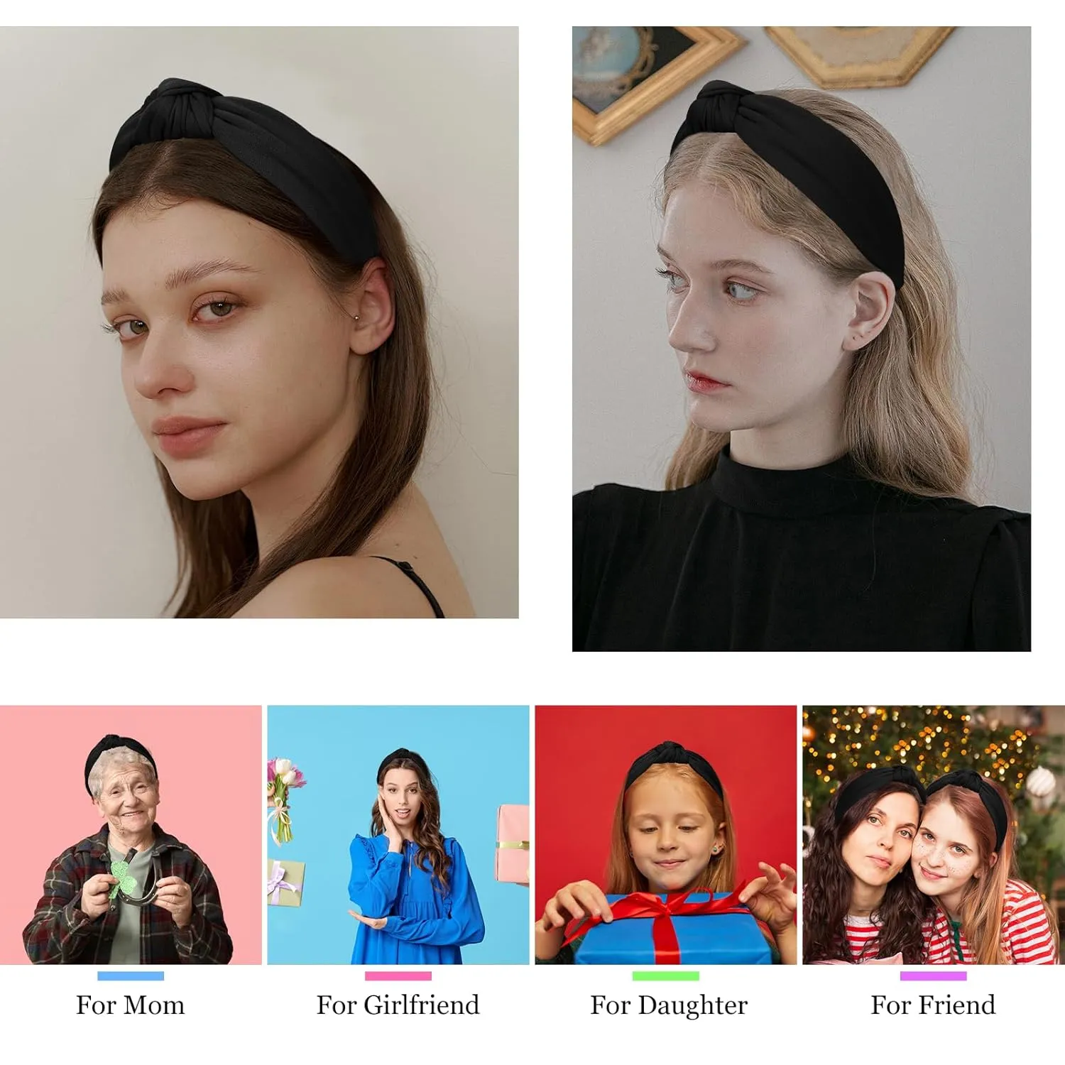 CURASA Headbands for Women Girls Non Slip Knotted Headband Wide Preppy Fashion Hairband Black Top Knot Decorative Hair Accessories Fabric Comfortable Hair Bands Yoga Elastic Head Bands For Thick Thin