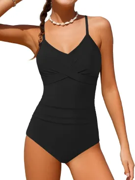 Girls Swimsuit One Piece Control Front Cross Ruched Tie Back Bathing Suit Swimwear with Drawstring Cover Up 9-16T