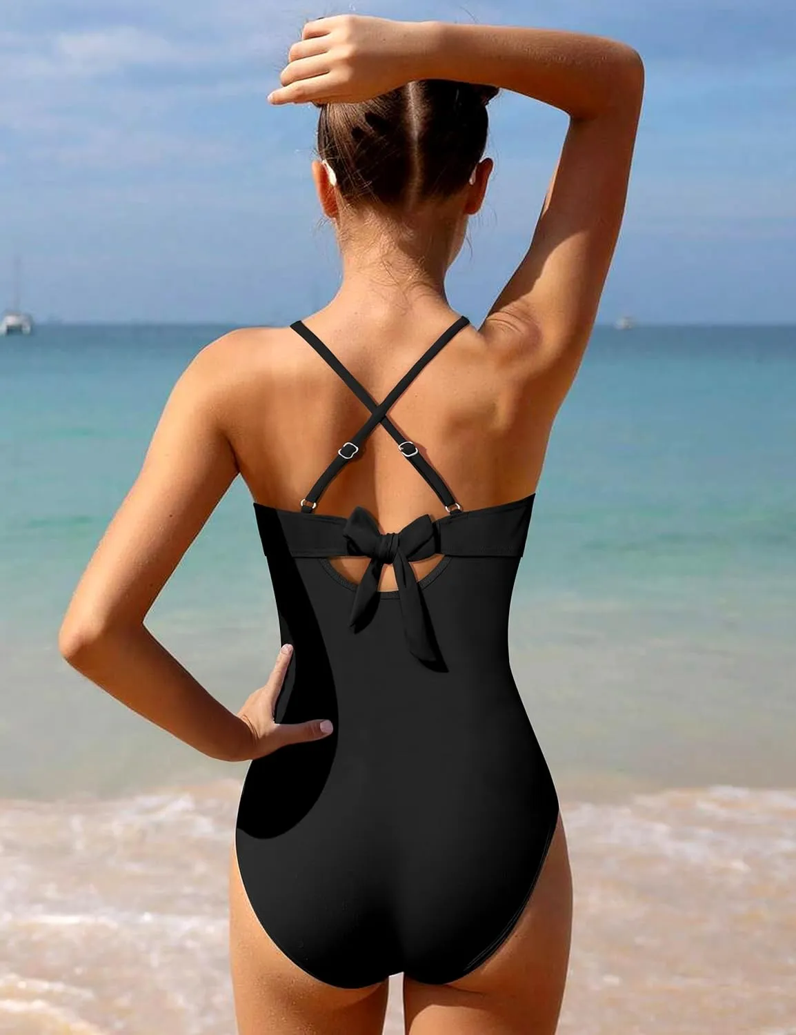 Girls Swimsuit One Piece Control Front Cross Ruched Tie Back Bathing Suit Swimwear with Drawstring Cover Up 9-16T