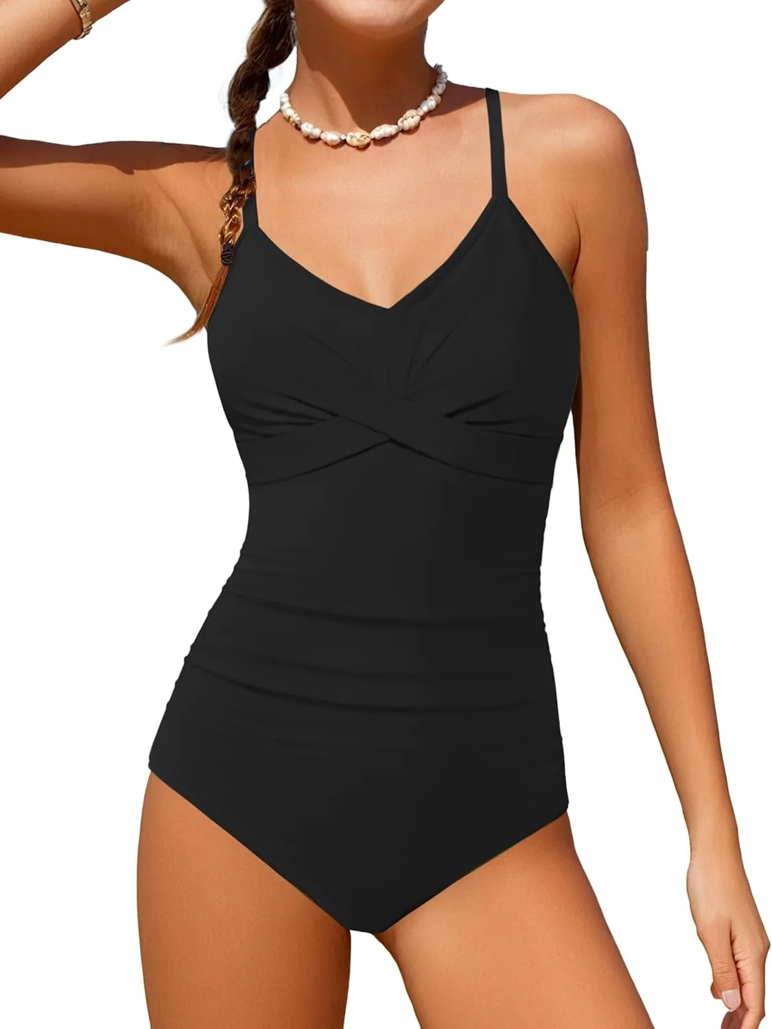 Girls Swimsuit One Piece Control Front Cross Ruched Tie Back Bathing Suit Swimwear with Drawstring Cover Up 9-16T
