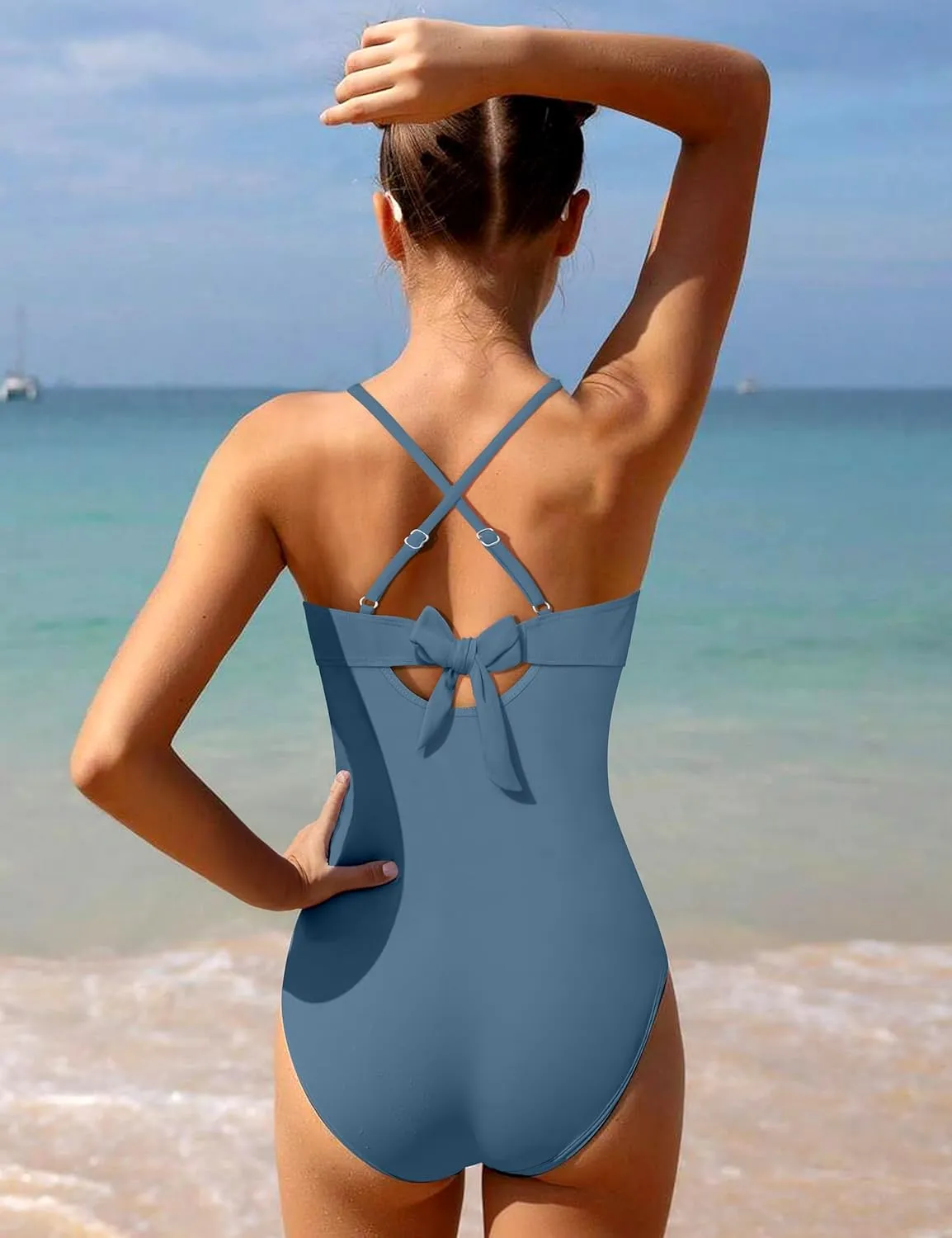 Girls Swimsuit One Piece Control Front Cross Ruched Tie Back Bathing Suit Swimwear with Drawstring Cover Up 9-16T