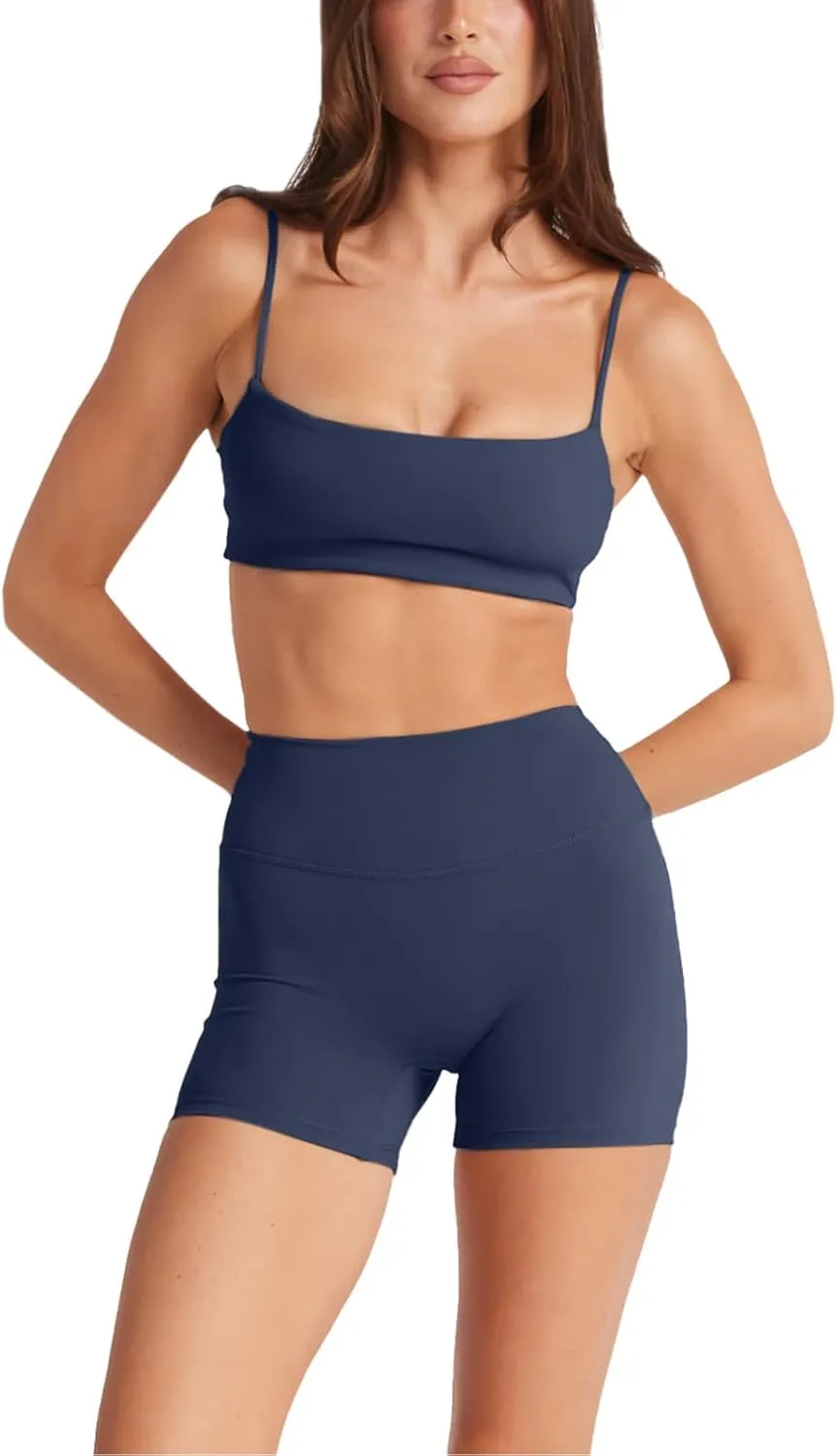 LASLULU Womens Adjustable Spaghetti Straps Sports Bra Square Neck Wireless Padded Workout Yoga Crop Tops