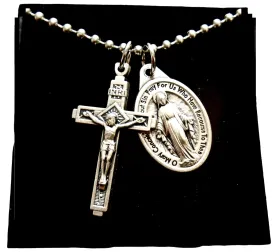Mens Cross and Miraculous medal Necklace, 30 Inch Stainless Steel Ball Chain, Crucifix Measures 1.25"