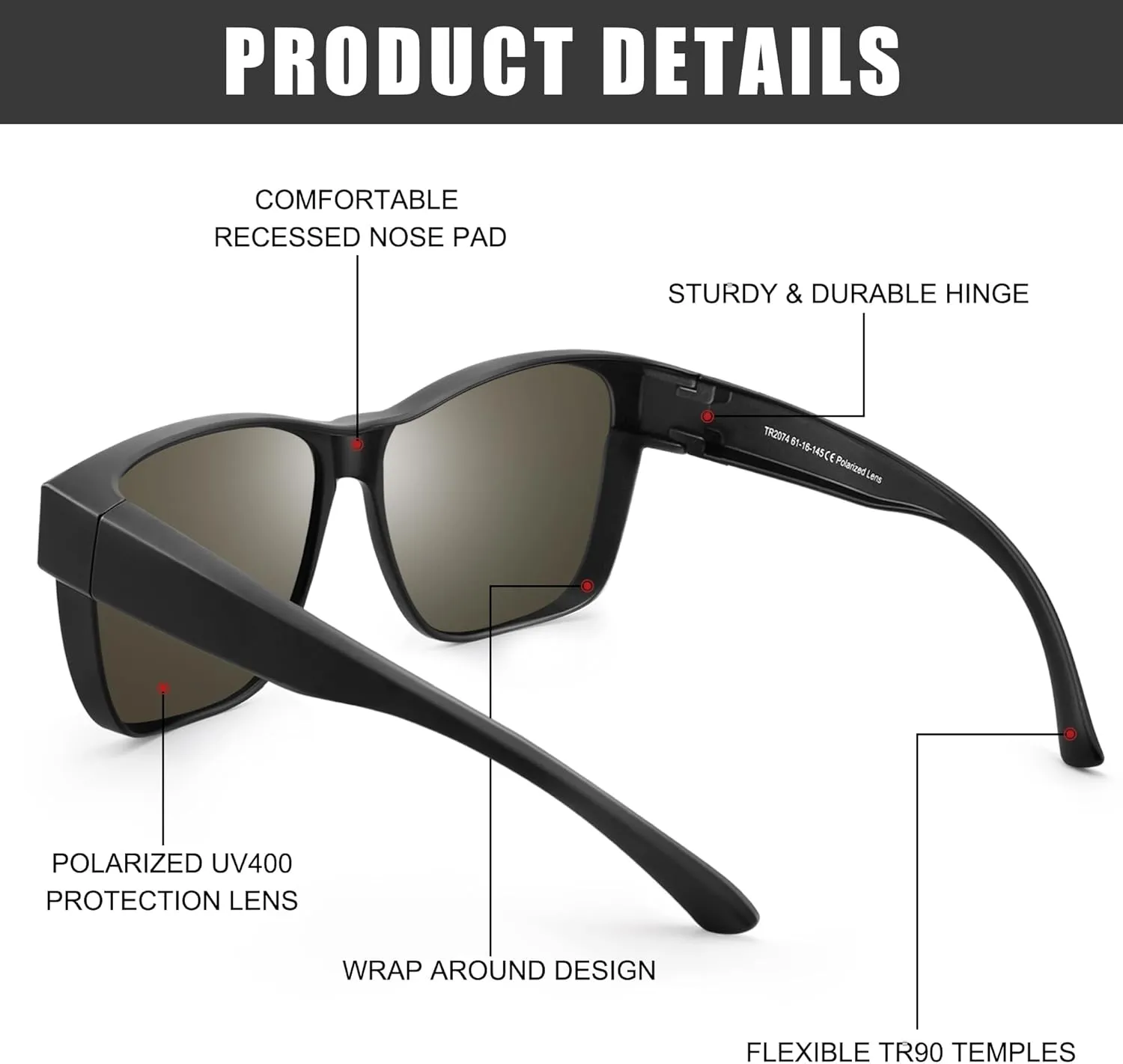 Polarized Sunglasses Fit Over Prescription Glasses for Men Women, Oversized Square Sunglasses, UV400 Protection