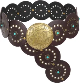 XZQTIVE Western PU Leather Belts for Woman Concho Cowgirl Cowboy Disc Belt for Ladies Wide Boho Country Waist Belts for Dress